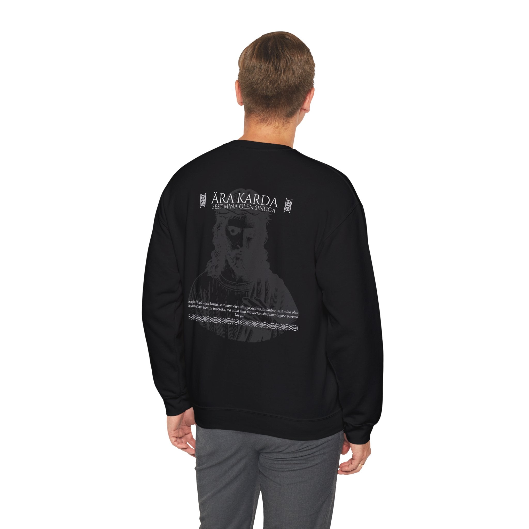 Praying Hands Crewneck Sweatshirt — "Looja Loodud Looming" Estonian Religious Graphic