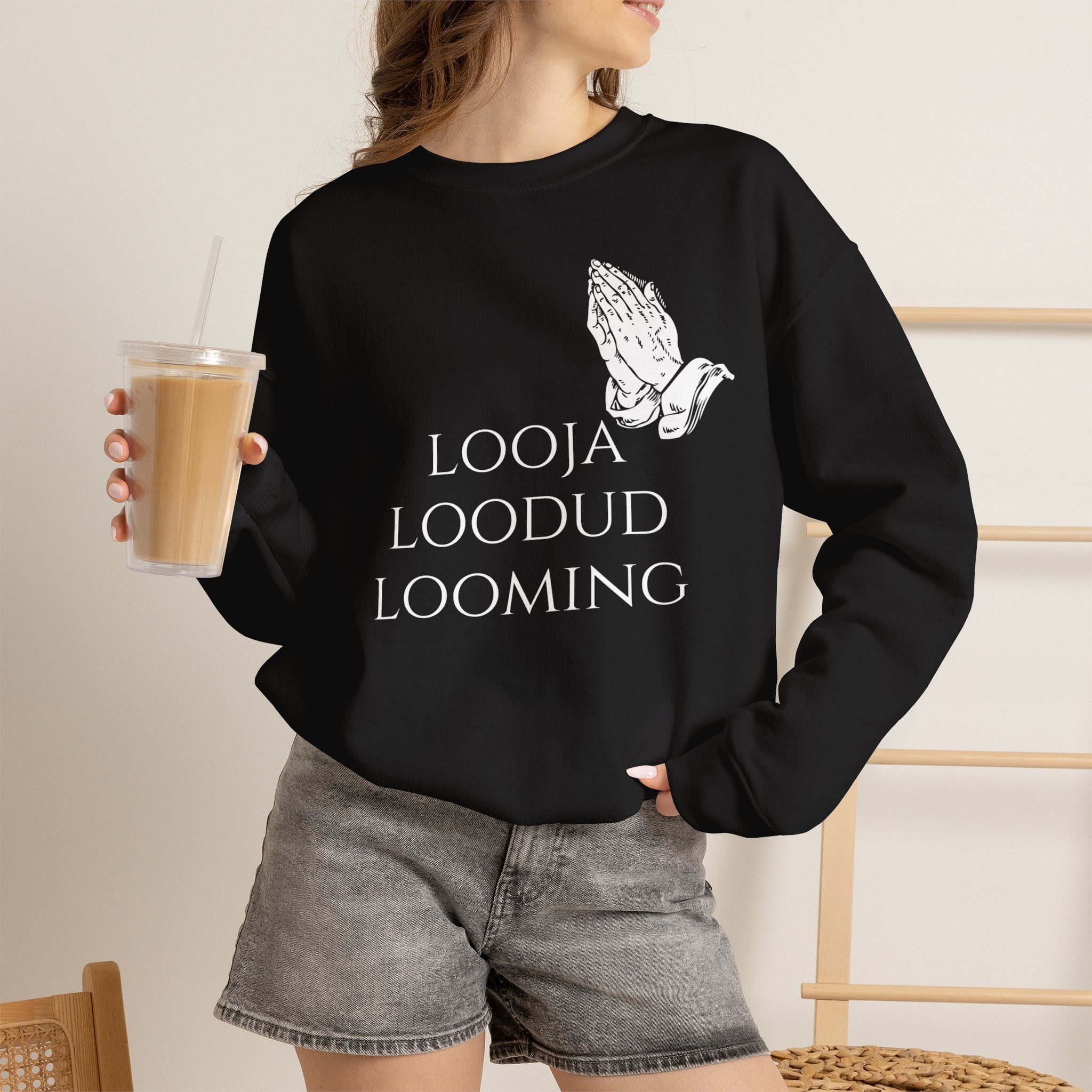 Praying Hands Crewneck Sweatshirt — "Looja Loodud Looming" Estonian Religious Graphic