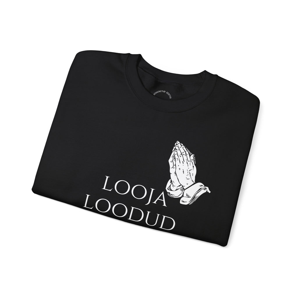 Praying Hands Crewneck Sweatshirt — "Looja Loodud Looming" Estonian Religious Graphic