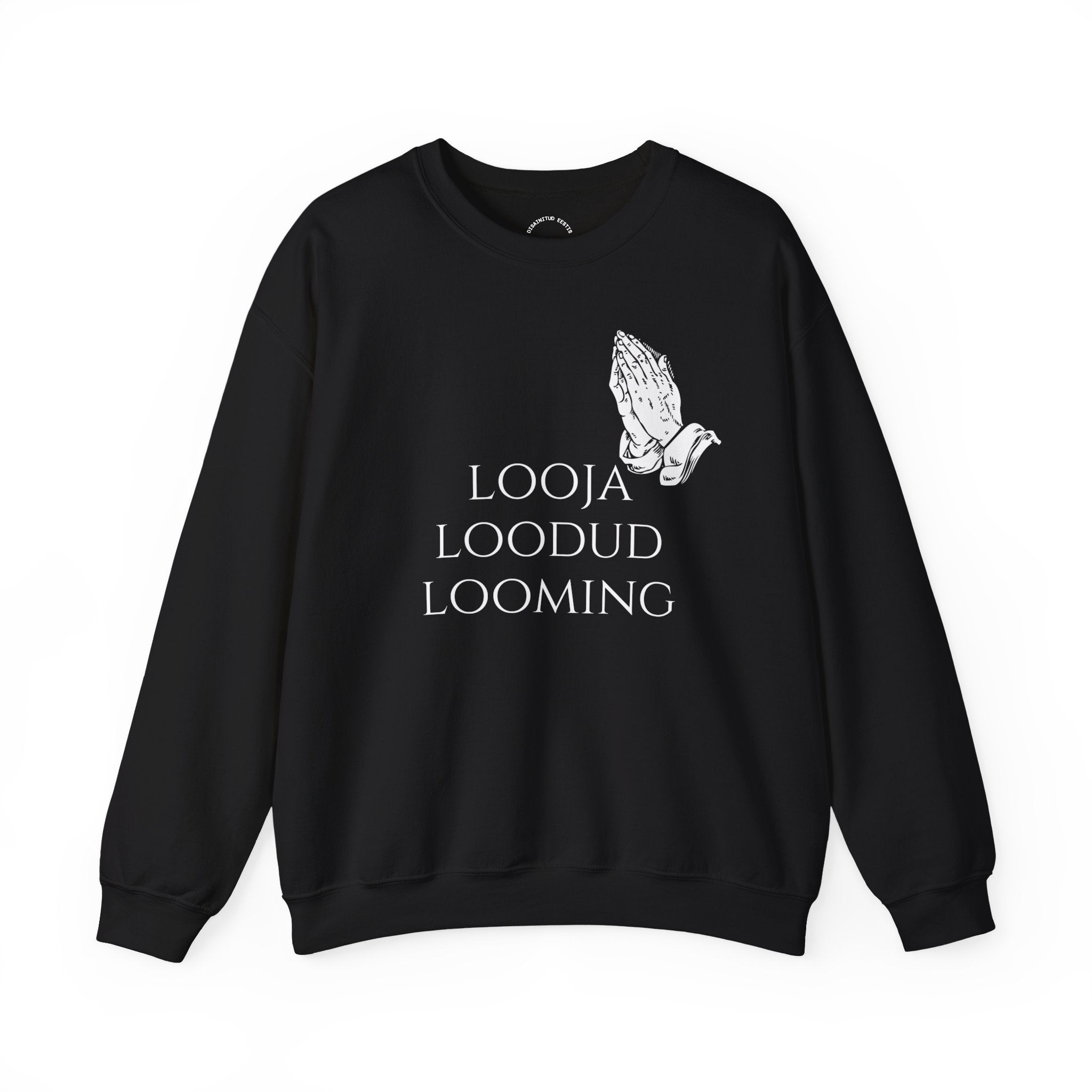 Praying Hands Crewneck Sweatshirt — "Looja Loodud Looming" Estonian Religious Graphic