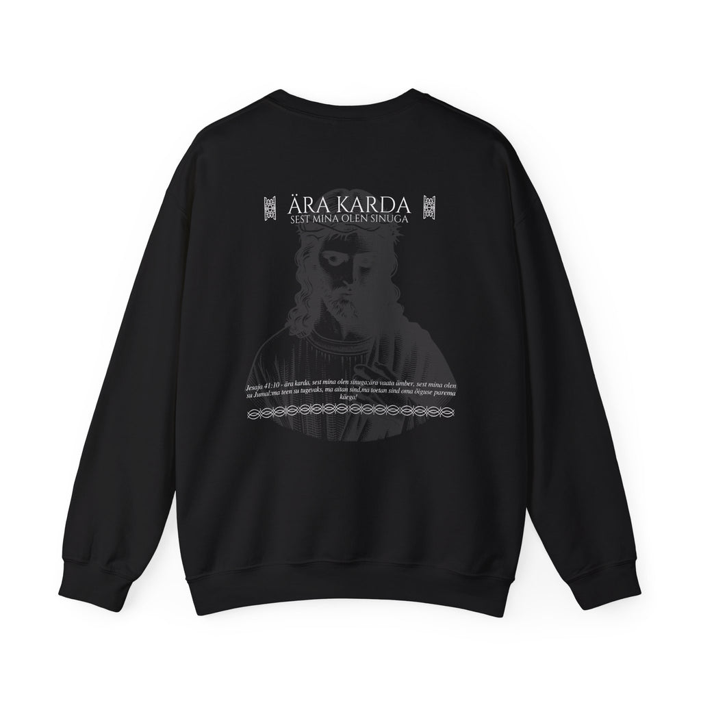 Praying Hands Crewneck Sweatshirt — "Looja Loodud Looming" Estonian Religious Graphic