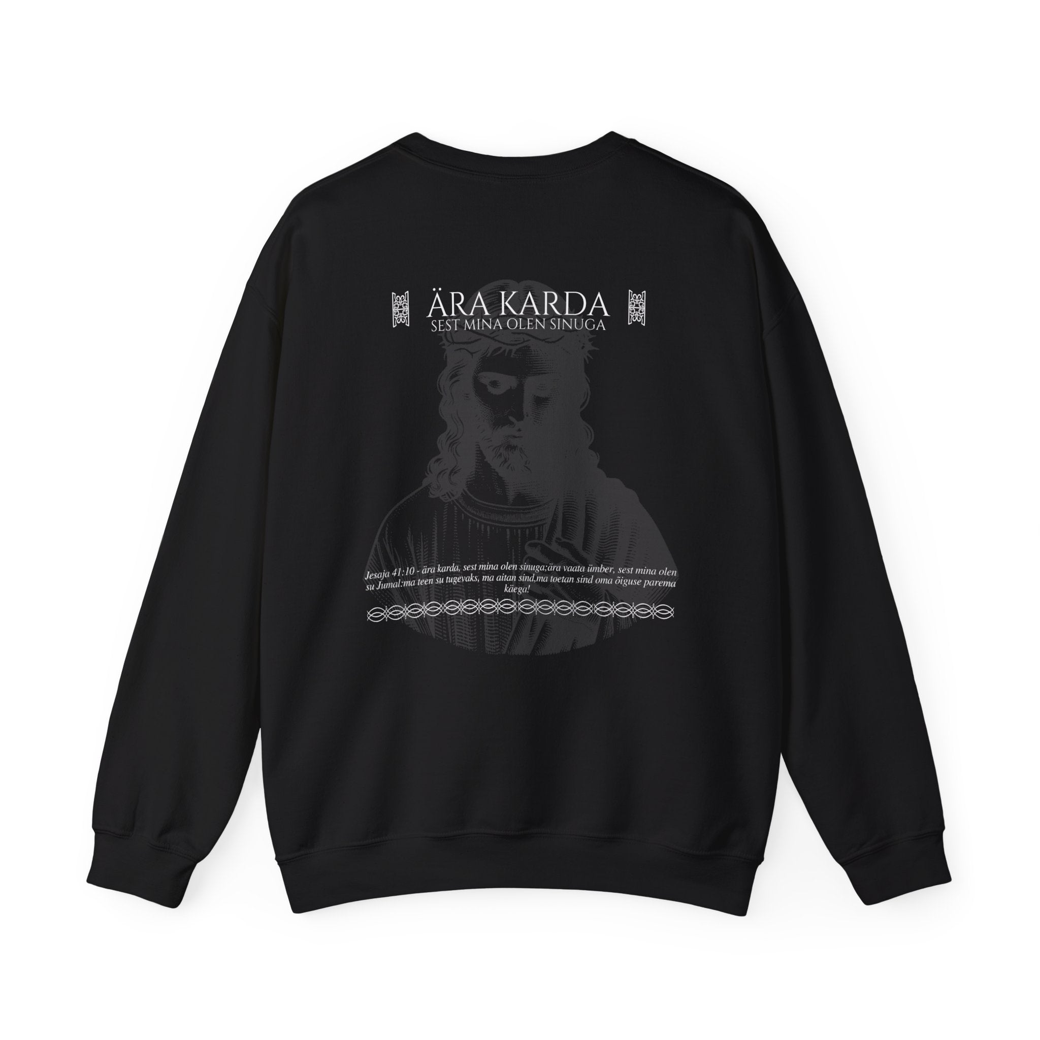 Praying Hands Crewneck Sweatshirt — "Looja Loodud Looming" Estonian Religious Graphic